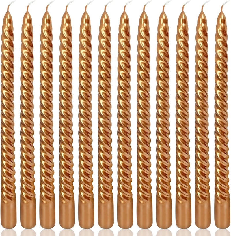 Peytanger 10 Inch Bronze Spiral Taper Candles Set for Holiday Decor, 12 Pack Unscented Twisted Candlesticks, Dripelss Thin Tapered Candles for Wedding Dinner Parties Galas Award Ceremonies Religious - Image 1